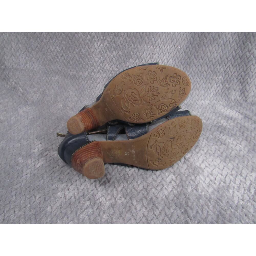 L’Artiste Spring Step Blue Leather Cutout Sandals Heels Peep Toe EU 39 US 8.5